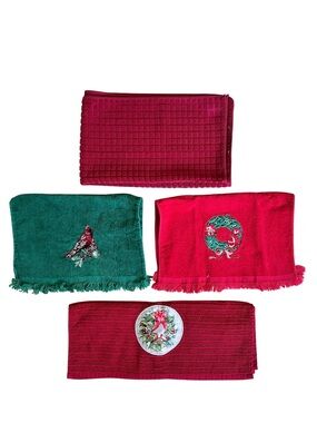 Set of Christmas Hand Towels - Embroidered Wreath & Cardinal